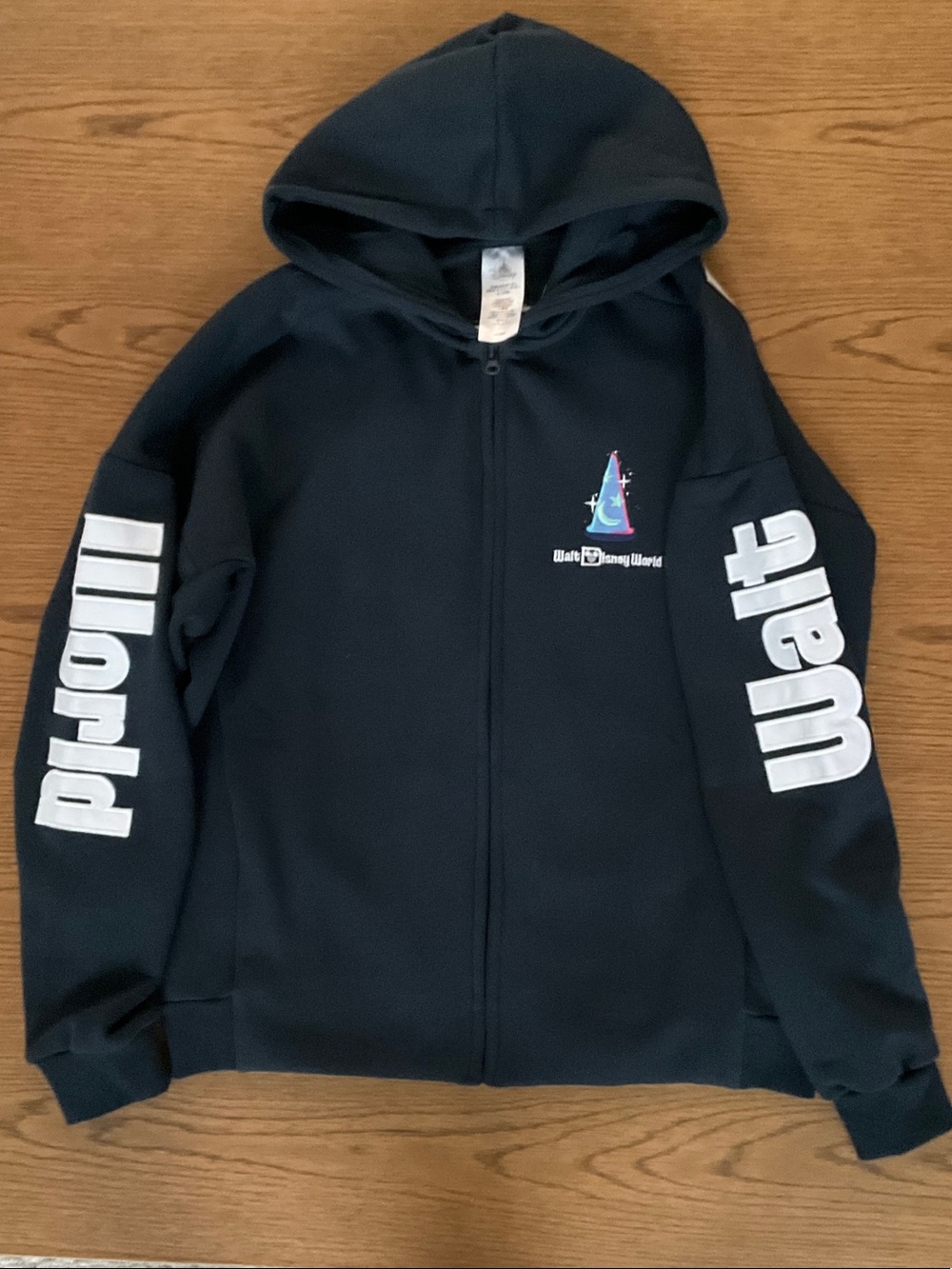Walt Disney World Navy Blue Kids Zip-Up Hoodie with White Sleeve Lettering
